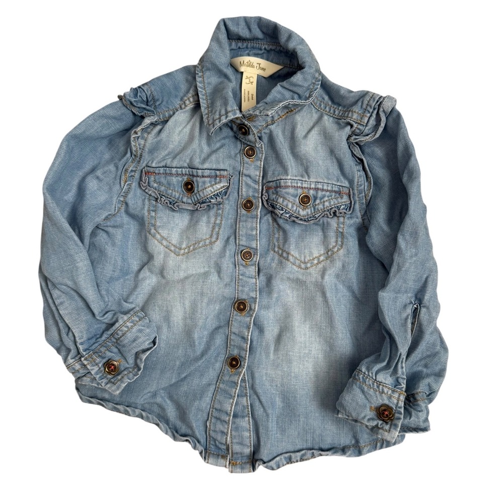 Matilda Jane Girls Chambray Ruffle Denim Long Sleeve Button Down Shirt Toddler 2